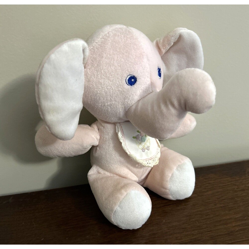 Animal Fair Pink Elephant Rattle Baby Plush Toy Bib Vintage 9"